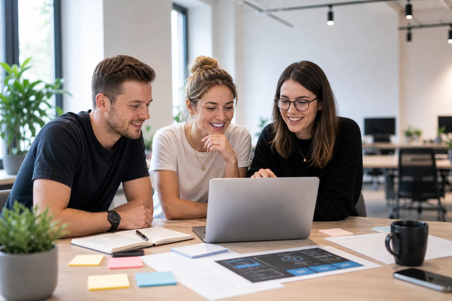 Drei Entwickler arbeiten gemeinsam am Laptop