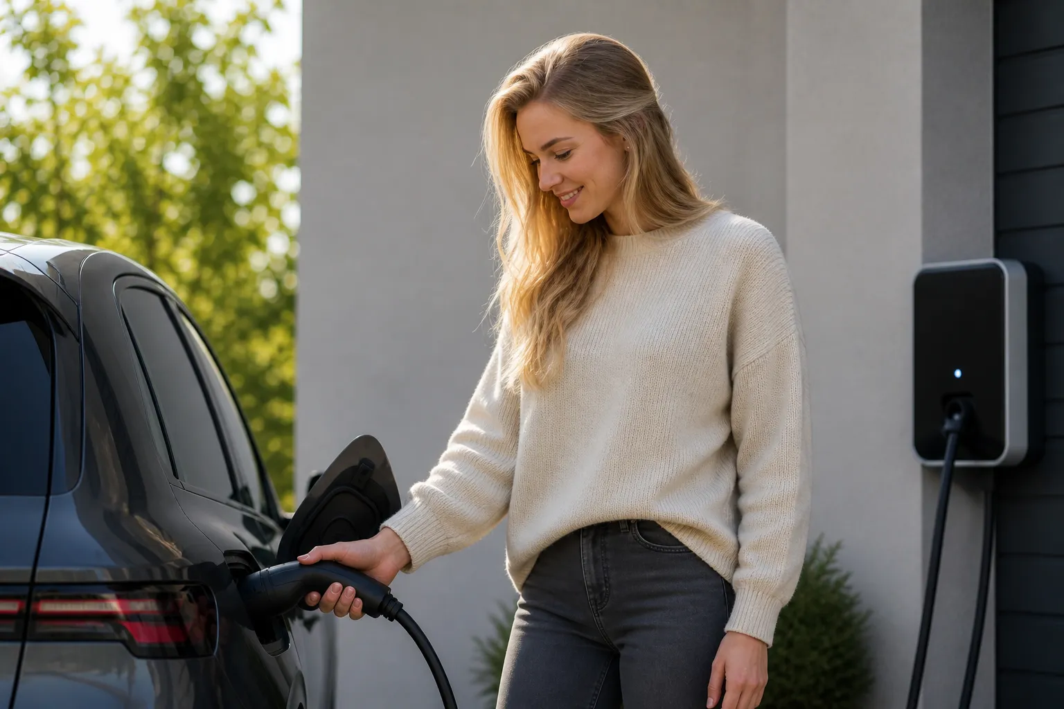 Frau lädt Elektroauto an einer Wallbox